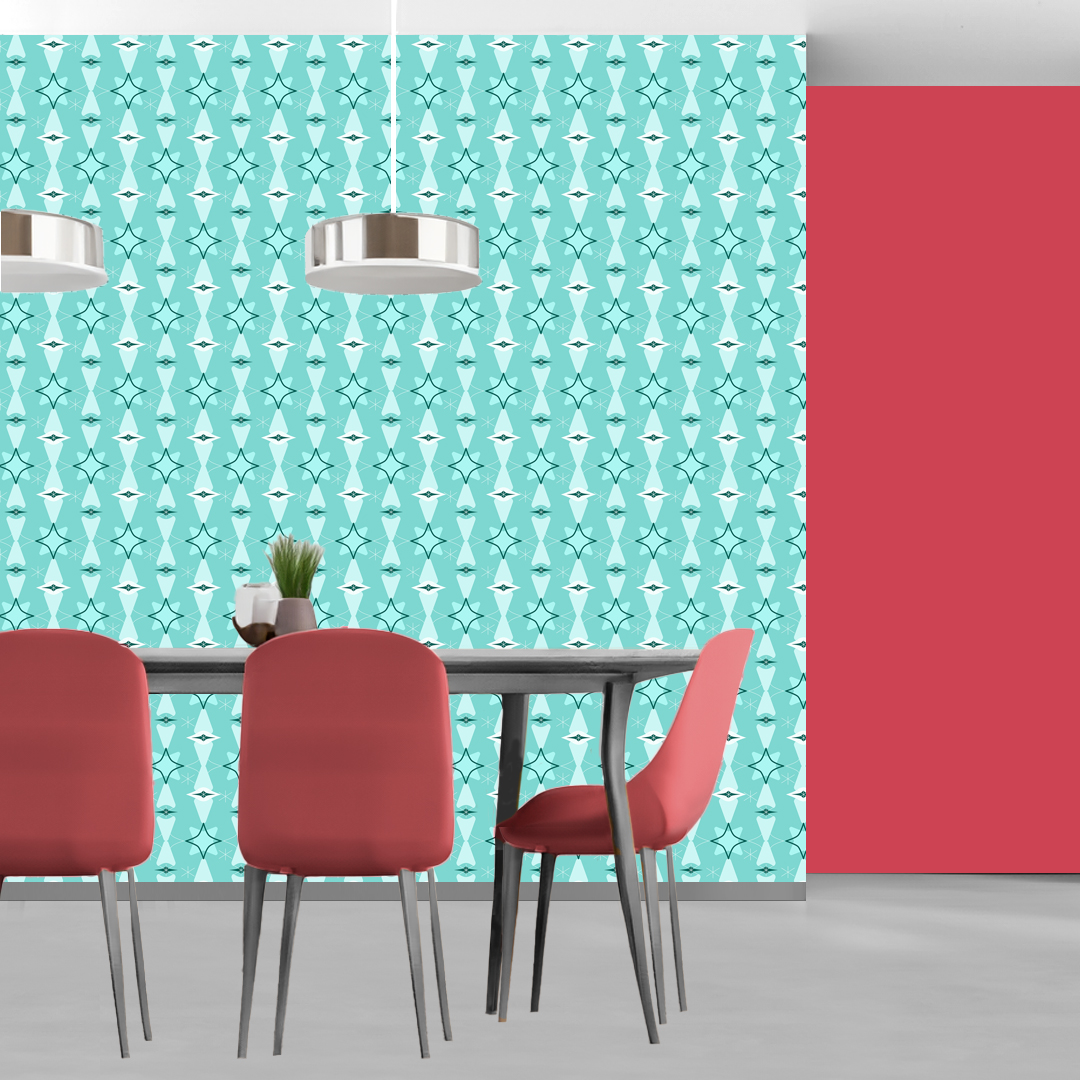 The artwork features a repeating geometric pattern of symmetrical shapes resembling elongated, curved diamonds or petals in various shades of blue and green. Each shape is split vertically with one half filled with a light blue and the other half filled with green or darker blue. The background is a light, almost pastel blue, which provides a soft yet vibrant backdrop. One of the blue shapes near the upper left contains a white starburst element, adding a focal point of brightness to the composition. The overall design conveys a modern, mid-century aesthetic with clean lines and harmonious color contrasts.